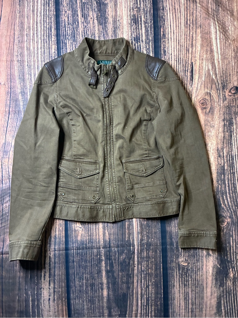 Lauren Ralph Lauren Olive Green Utility Jacket with Contrast Shoulder